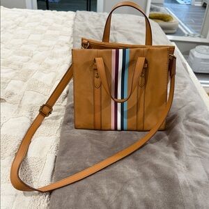 Fossil Tan Leather Tote with Multicolor Stripes